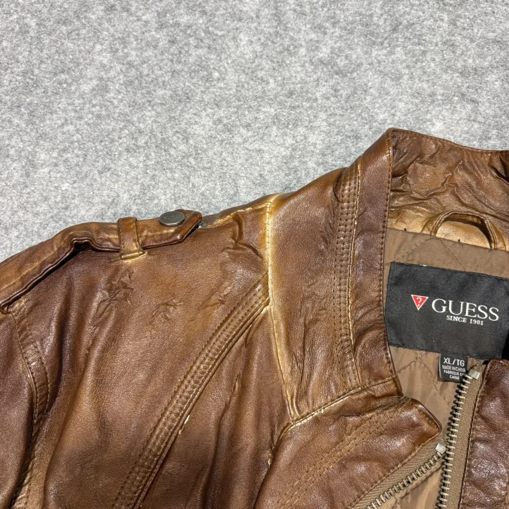 Guess Mens Faux Leather Racer Jacket Distressed Brown XL Moto Quilted Lining
